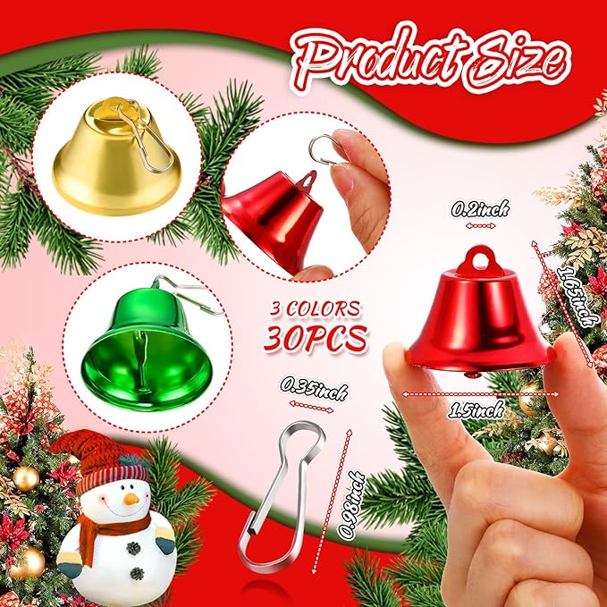 30 Pieces Craft Bells Small Brass Bells for Crafts Mini Vintage Bells with Spring Hooks Tiny for Hanging Wind Chimes Making Dog Training Doorbell Wedding Decor, 1.65 x 1.5 Inch(Red, Green, Gold)