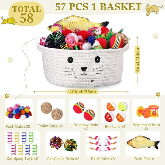 Zopeal 58 Pcs Mother’s Day Cat Storage Basket Gift Toys Set, Colorful Flashing Balls Pet Bell Crinkle Balls Spring Toys Attract Cat to Swat, Hunt, Interactive for Pet(White,9.8 Inch)