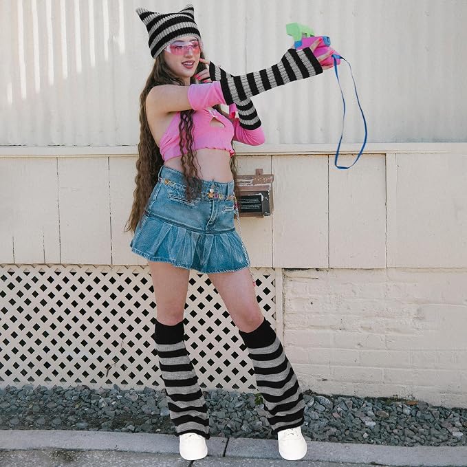 Y2k Beanie Cat Crochet Hats Cat Beanie Accessories with Kawaii Leg Cover for Women Girls