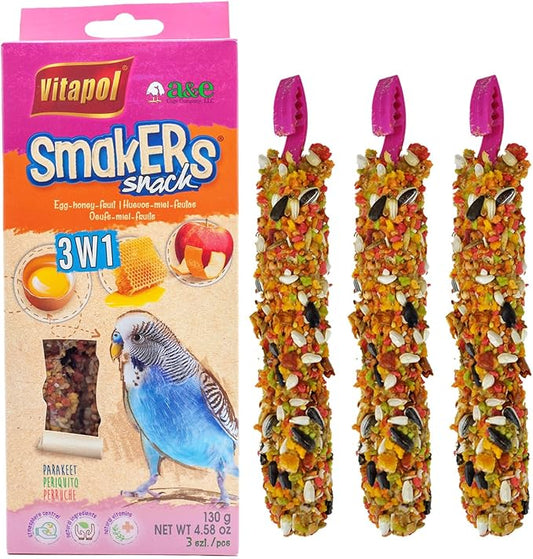 Vitapol Smakers by A&E Cage Co 3-in-1 Variety Treat Sticks for Parakeets – Triple Pack Bird Treat Sticks – Assorted Flavor Hanging Snack Sticks for Parakeets, Budgies & Small Hookbills