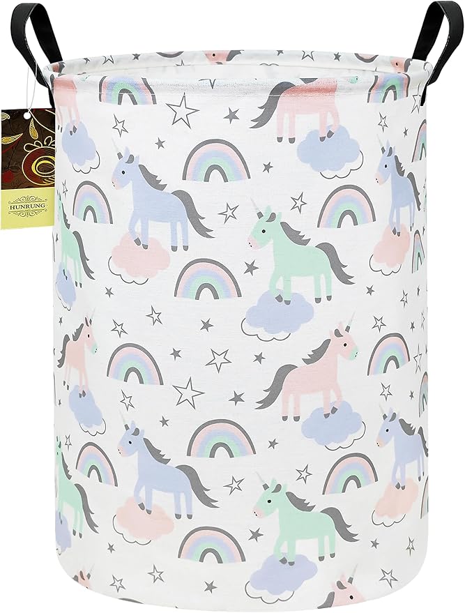Collapsible Fabric Storage Basket, Waterproof Laundry Hamper with Handles, Round Storage Bin for Clothes Toys, Foldable Organizer for Bedroom Nursery Bathroom(Round-Star Unicorn)