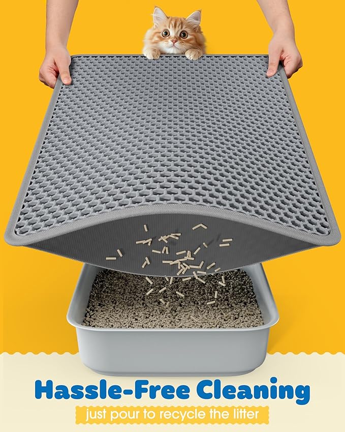 Powools 35" x 30" Cat Litter Mat - Ultra-Large Litter Box Mat with Double Layers, Urine-Proof and Non-Slip Litter Trapping Mat, Easy to Clean Kitty Litter Mats for Floor, Scatter Control, Grey