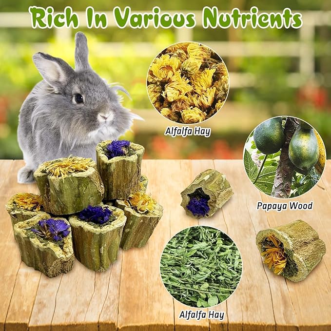 PINVNBY Rabbit Chew Toys for Bunny Natural Papaya Wood Bunny Treats with Alfalfa Hay and Dried Flower Guniea Pig Molar Snacks for Hamster Chinchilla Gerbil Small Animals Teeth Grinding (3.52 oz/100 g)