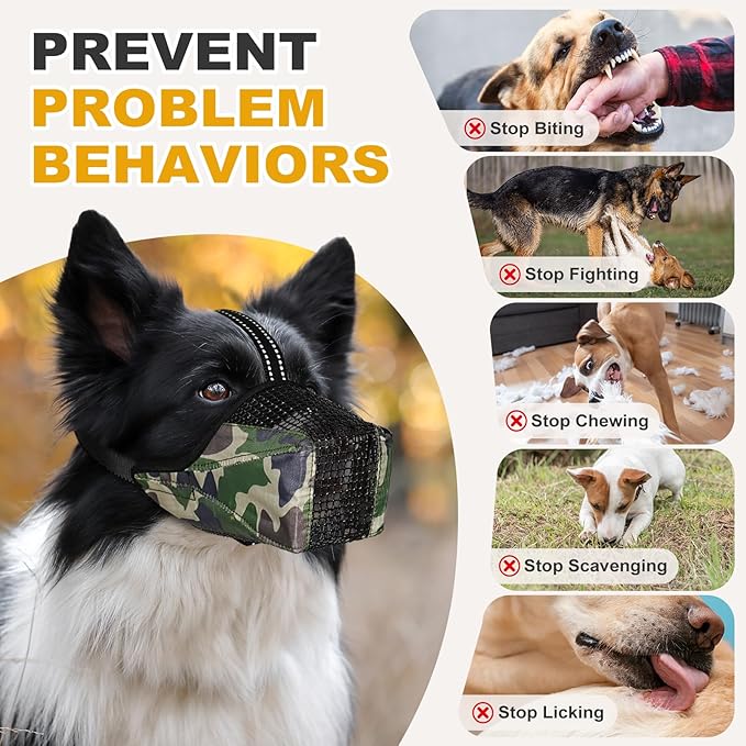 Mesh Dog Muzzle, Breathable Soft Dog Muzzle with Reflective Straps for Secure Fit, Prevents Biting, Chewing Scavenging- Adjustable for Small Medium Large Dogs,Camo,S