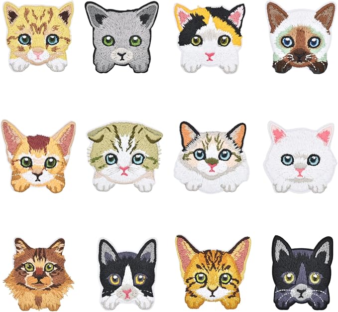Cute Embroidered Cat Patches - 12pcs Iron On Patches for Clothes, Jackets, Backpacks - Sew On Patches - Perfect Iron On Patches for Kids - Trendy Jacket & Backpack Patches