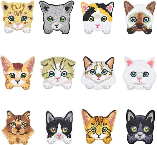 Cute Embroidered Cat Patches - 12pcs Iron On Patches for Clothes, Jackets, Backpacks - Sew On Patches - Perfect Iron On Patches for Kids - Trendy Jacket & Backpack Patches