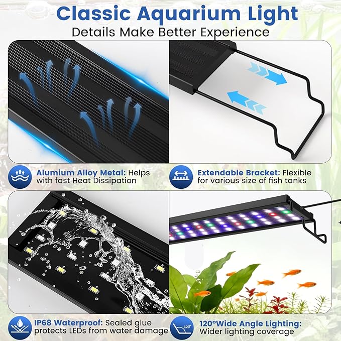 AQQA Aquarium Plant Light Full Spectrum LED Fish Tank Light IP68 Waterproof with 24/7 Natural Mode & DIY RGBW Mode, 9 Colors & 10-Level Brightness Adjustable, 6 Timer Settings for 32"-40" Tank (30W)