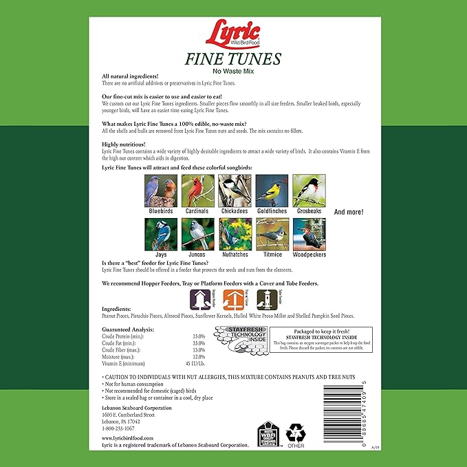 Lyric Fine Tunes Wild Bird Seed Mix - No Waste Bird Food Mix - Attracts Bluebirds, Finches, Chickadees & More - Seed for Outside Feeders - 15 lb Bag