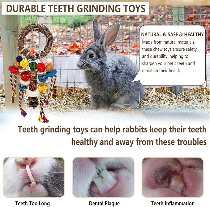 Bunny Chew Treat Toy for Teeth, Rabbit Cage Hanging Chew Toys and Rattan Ring with Snack,Natural Material Handwoven Chinchilla Treats Toys for Guinea Pig Gerbils Hamster Rat Teeth Grinding
