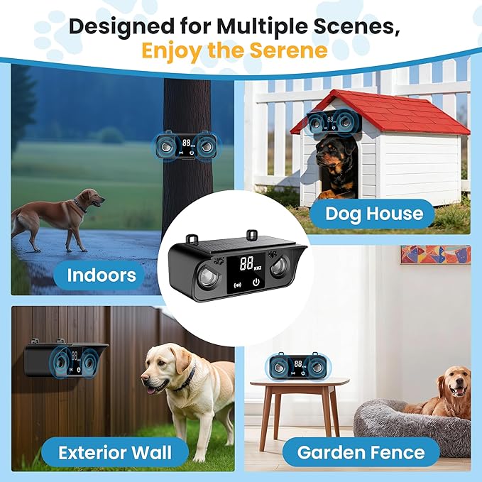 Solar Ultrasonic Dog Bark Deterrent Device, Outdoor Waterproof Anti Barking Device for Dogs with 50ft Range, Sonic Bark Deterrent for Small Medium Large Dogs for Indoor and Outside Use