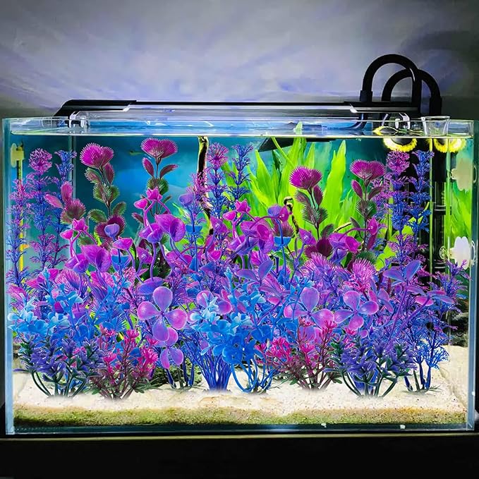 COMSUN 25 Pack Artificial Aquarium Plants, Small Size 4 inch Approximate Height Fish Tank Decorations Home Décor Plastic Light Purple