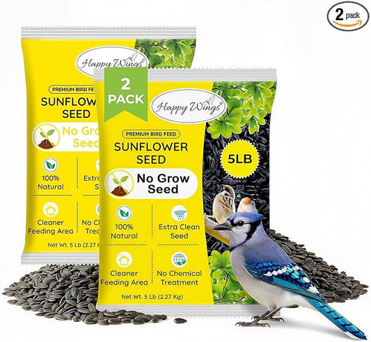 Happy Wings Black Oil Sunflower Seeds for Wild Birds 5 lbs- Combo Pack of 2 I No Grow Seed I High-Energy Bird Food Ideal for Finches, Sparrows, and More I All Year-Round Feeding.