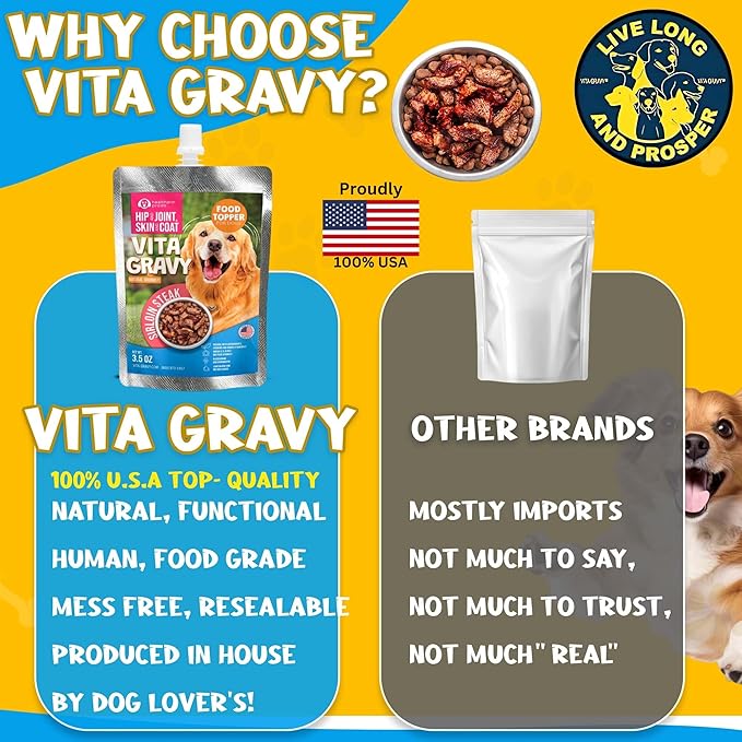 VitaGravy Dog Food Topper for Dry Dog Food Wet Dog Food in Real Sirloin Steak Delicious Flavour. Dogs Love Rich Gravy Texture than Bone Broth for Dogs. Farmers Dog Food toppers, Pet Food, 3.5oz, 3Pk