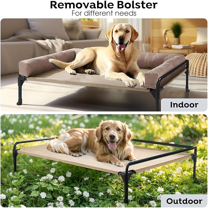 Veehoo Elevated Raised Dog Bed-Cooling Outdoor Dog Cot Bed for Large Sized Dogs Three-Sided Fence Raised Pet Cot with Mesh & No-Slip Feet Dog Hammock Bed with Removable Bolster-41 x 27" Beige Coffee