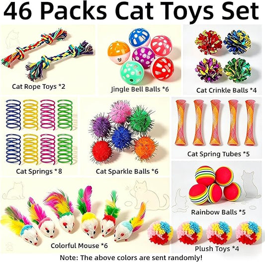 46 PCS Cat Toys for Indoor Cats, Kitten Toys with Cat Spring Toy, Mint Catnip with Crinkle Mouse Ball for Indoor Cats Kittens Exercise