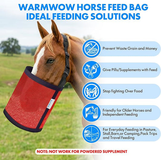 Horse Feed Bag Pack of 2 (Reinforced Bottom Edging), Feed Bags for Horses with Ventilation Mesh, Comfort Nose Pad Neck Pad, Adjustable Strap, Spill Proof Design for Feeding Grain, Supplements