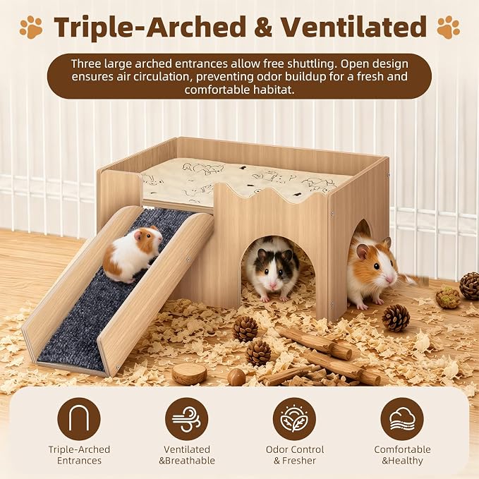 Wooden Guinea Pig Hideout with Non-Slip Mat Ramp & Platform for Small Pets | Natural solid wood with screw-fixed structure, smooth burr-free edges ensure a pet-safe, sturdy shelter for long-term use