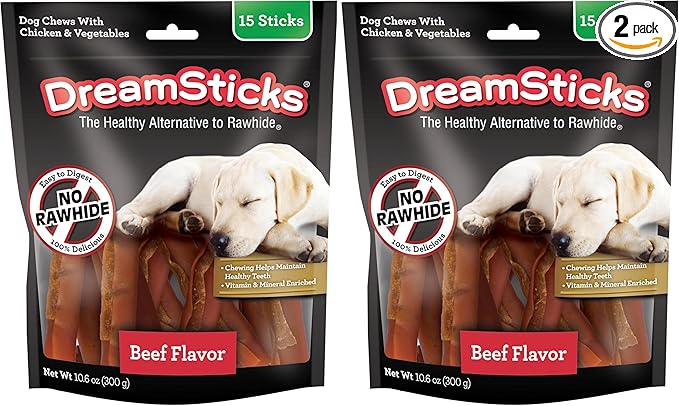DreamBone DreamSticks,Rawhide Free Dog Chew Sticks Made with Real Beef and Vegetables,15 Sticks,(Pack of 2)