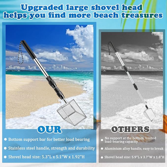 4Pack Shark Tooth Sifter(2 Shell Scooper+2 Seashell Bags), Retractable Long Handle Sand Dipper Shovel Tool for Adults and Kids, Shark Teeth Scoop for Picking Up Shells and Rocks