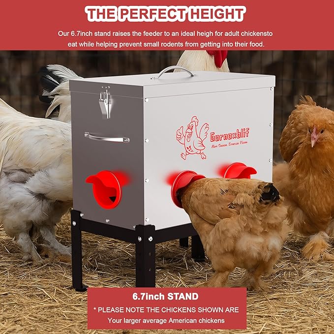 40 LB Large Automatic Chicken Feeder, 6 Port Metal Chicken Feeders, No-Waste Poultry Feeder with Adjustable Legs & Locking Lid, Weatherproof Large Chicken Feeder for Inside Chicken Coops