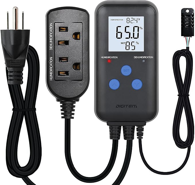 Digital Humidity Controller, Pre-Wired Humidity Controlled Dual Stage Outlets for Mushroom Growing, Reptile, Grow Tent, Humidifier/Dehumidifier