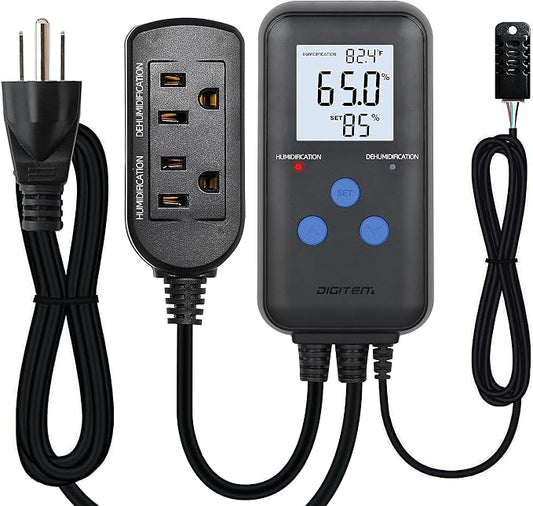 Digital Humidity Controller, Pre-Wired Humidity Controlled Dual Stage Outlets for Mushroom Growing, Reptile, Grow Tent, Humidifier/Dehumidifier