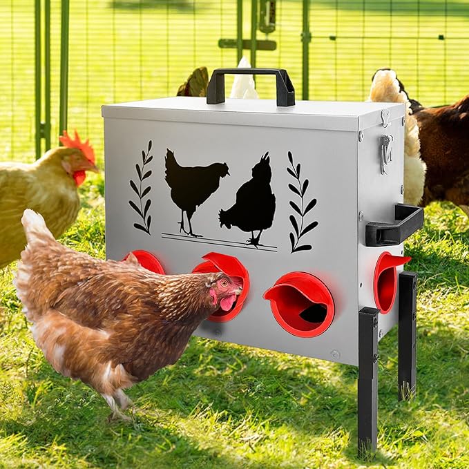 No Waste Automatic Chicken Feeder (50 LB), Rodent Resistant Metal Poultry Feeder with Locking Lid, Adjustable Stand & 8 Ports, Heavy Duty Weatherproof Feed Box for Hens, Ducks