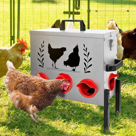 No Waste Automatic Chicken Feeder (50 LB), Rodent Resistant Metal Poultry Feeder with Locking Lid, Adjustable Stand & 8 Ports, Heavy Duty Weatherproof Feed Box for Hens, Ducks