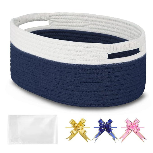 Small Woven Basket with Gift Bags and Ribbons, Empty Baby Gift Baskets for Kids Women Men, Shelf Storage, Small Cat Dog Pet Toy Boxes, 13”x 9”x 5.5”, Navy Blue