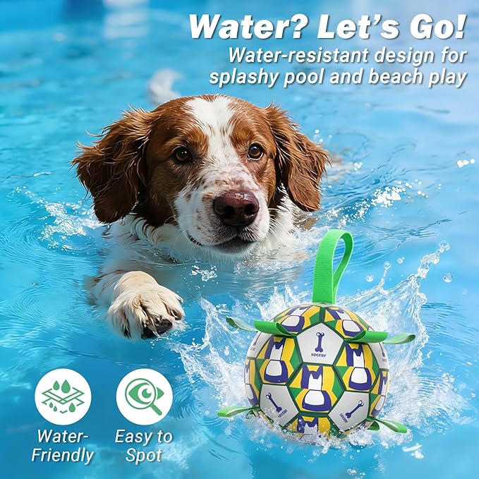 Dog Toy Balls, Dog Soccer Ball with Straps, Interactive World Cup Soccer Ball for Medium Dogs, Water Fetch Toys, Tug-of-War, Herding Ball Toys Outdoor, Dog Birthday Toy, Green (6 Inch)