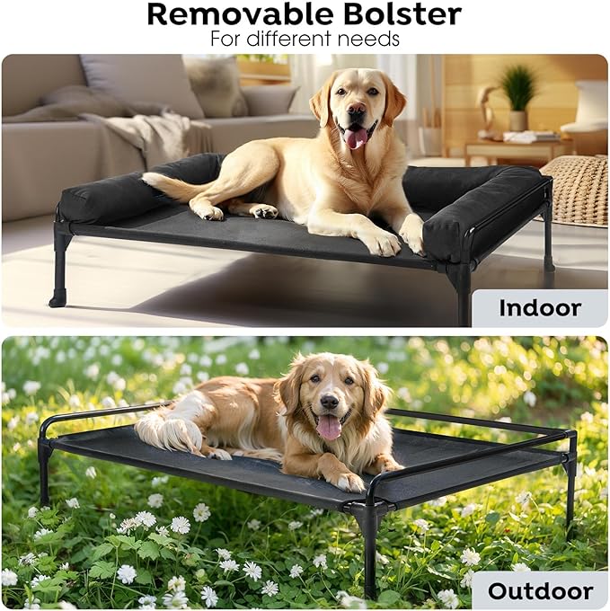 Veehoo Elevated Raised Dog Bed-Cooling Outdoor Dog Cot Bed for Medium Sized Dogs Three-Sided Fence Raised Pet Cot with Mesh & No-Slip Feet Dog Hammock Bed with Removable Bolster-29 x 18" Black