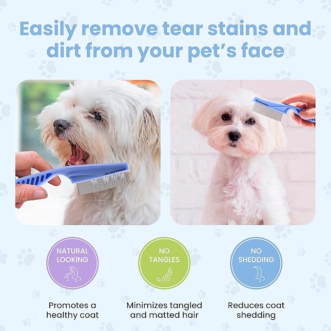 Dog Face Comb, Flea Comb for Dogs, Fine Tooth Tearstain Remover Metal Comb, Removes Crust and Mucus, Face Brush for Poodles & Other Breeds, Grooming Brush for Pets, Large [We Love Doodles]