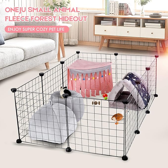 Guinea Pig Hideout - Guinea Pig Corner Hideout, Three-Sided Fringes, Triangle Top and Washable Hides, Suitable Hides for Rabbit and Other Small Pets, No Metal Fences, Pink