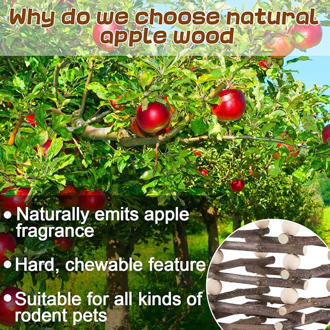 Hanging Apple Wood Rabbit Hay Feeder - Guinea Pig Grass Holder with 2 Hooks Biting Resistant Small Animals Chew Toy, Feeding Hay Manager Shelf for Chinchilla Bunny Hamster Gerbil Holiday Presents