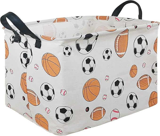 Kid Storage Basket Gift Shelf Basket Toy Storage Bin, Nursery Basket Organizer Box for Children Room Deco With Handles (Basketballs)