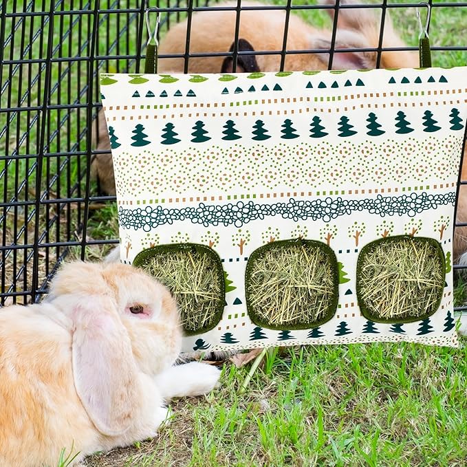 UPINS 2 Hay Bag for Rabbits 3-Hole Guinea Pig Hay Bags Hanging Hay Feeder, Hay Feeder for Rabbits Small Pets Chinchillas Hamstersand Animals