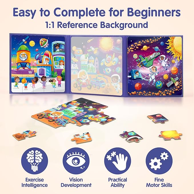 SYNARRY Magnetic Puzzles for Toddlers 3-5, Space Planets Solar System Travel Puzzles for Kids Ages 4-6, Easter Basket Stuffers Gifts for Kids, Car Airplane Road Trip Activities Magnet Games Toy