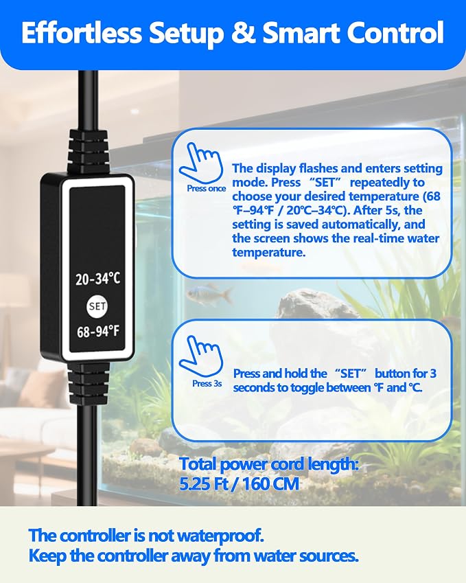 50W Titanium Aquarium Heater with LED Digital Display & External Controller – Submersible Fish Tank Heater, Precise ±1.8℉, IP68 Waterproof, for 3-7 Gallon Freshwater & Saltwater Tanks