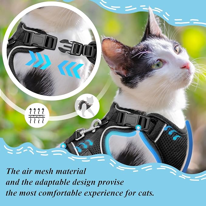 Cat Harness and Leash for Walking, Cat Car Harness, Soft Adjustable Vest Harnesses for Cats, Easy Control Breathable Reflective Strips Harness, Kitten Harness and Leash Set, Black, S(7-12lbs)