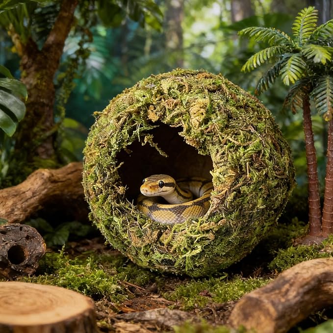 Reptile Hideout Cave - Natural Coconut Moss Terrarium Decor & Snake Hide - Leopard Gecko Hide & Ball Python Hide - Reptile Tank Accessories & Habitat Hideouts for Bearded Dragon