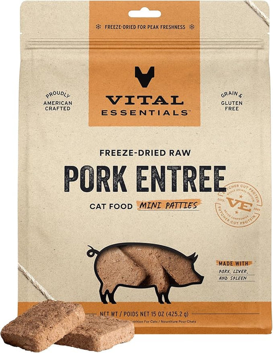 Vital Essentials Freeze Dried Cat Food, Raw Pork Mini Patties | Complete Meal or Topper | Easy to Portion and Rehydrate | High Protein, Grain Free Dry Cat Food |15 oz Bag