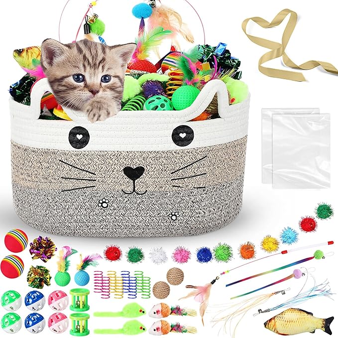 Zopeal 76 Pcs Graduation Cat Storage Basket Gift Toys Set Interactive Cat Toys Kitten Wand Colorful Flashing Balls Pet Crinkle Balls Attract Kitten to Swat, Hunt for Pet Indoor(Brown)