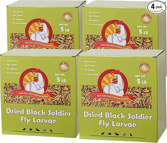 UCM Group 20LB Dried Black Soldier Fly Larvae for Chicken, Poultry, Wild Birds,100% Natural Non-GMO, No Additives, Treat, More Calcium Chicken Treats Than Mealworms，4 Packs