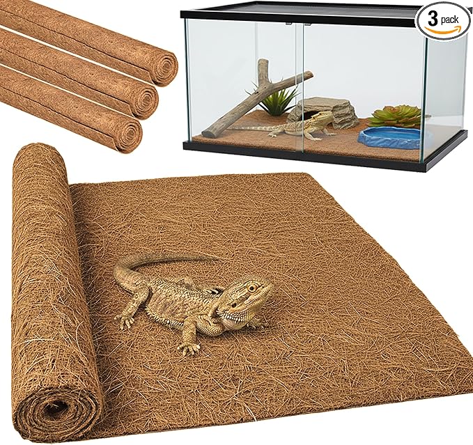 Reptile Carpet, Reptile Mat, Natural Coconut Fiber Liner Flooring for Tank, Bearded Dragon Tank Accessories (18"X 36", 3 PCS)