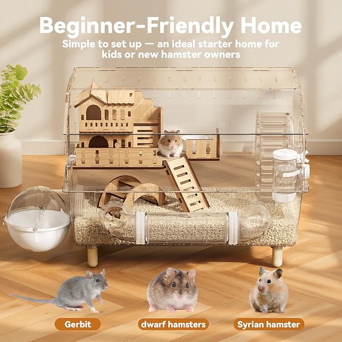 9 in 1 Acrylic Hamster Cage, Clear Dwarf Hamster Cage, with Tubes and All Accessories, 2-Tier Mouse Habitat, Easy to Clean, Suitable for Small Pets (Transparent)