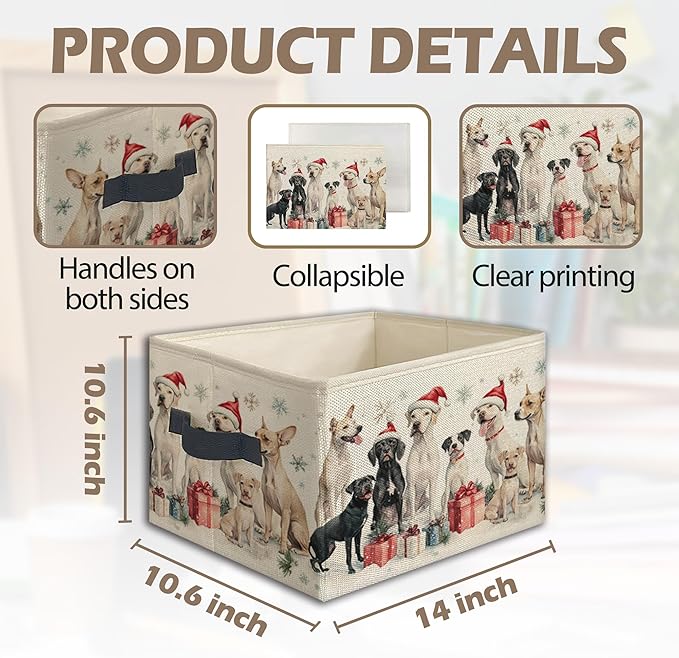 Christmas Dog Foldable Storage Bins Box with Handles, Dog Lovers Gifts, Winter Christmas Santa Dogs Snowflake Holiday Collapsible Toys Books Clothes Organizer Basket for Bedroom Bathroom
