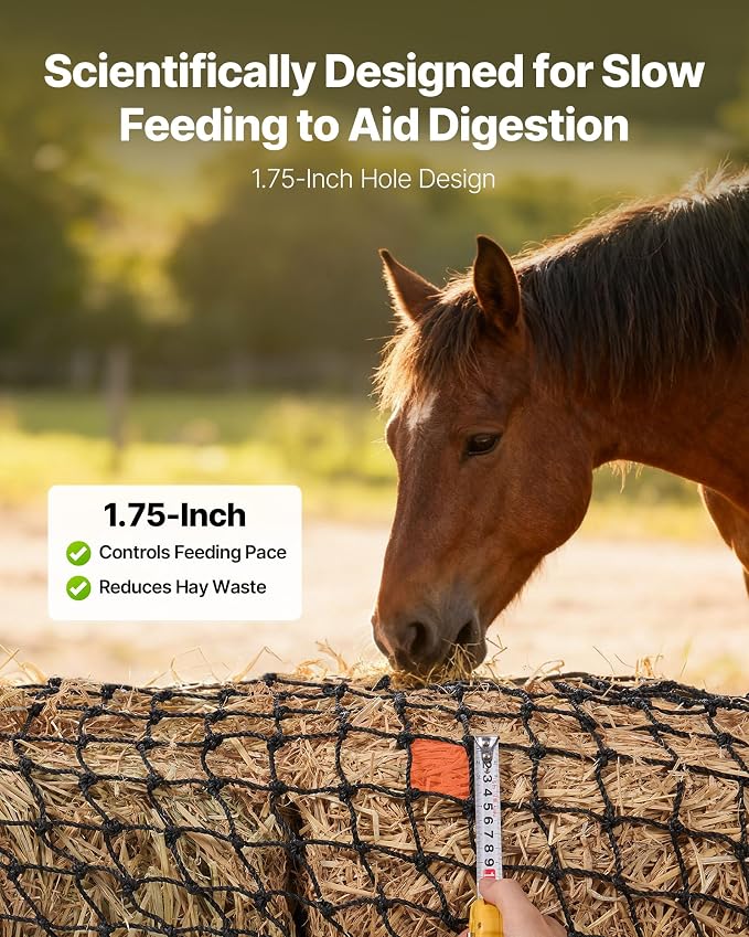 VEVOR Round Bale Hay Net, 4.92 x 4.92 x 4.92 ft, 1.75 inch Holes, PE Material, Reinforced Knotted Design, with Zip Ties, Needle Shuttle, and Repair Twine, Slow Feeder Round Bale Net for Horses