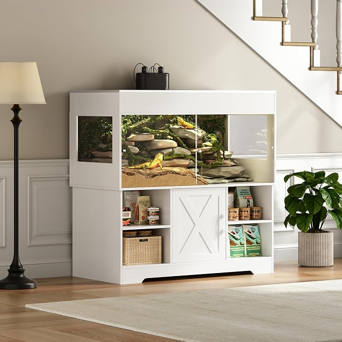 Herture 120 Gallon Terrarium with Stand, 4x2x2 Reptile Enclosure Tank for Bearded Dragons Snakes Lizards, Large Vivarium Habitat with Storage & Power Strip White PX07RTW
