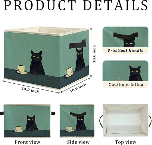 Funny Black Cat Drink Coffee Storage Bin Box, Cat Lover Mom Lady Grandma Gifts Collapsible Storage Basket Organizer for Bedroom Bathroom Home Clothes Toys Books, Toybox for Girls