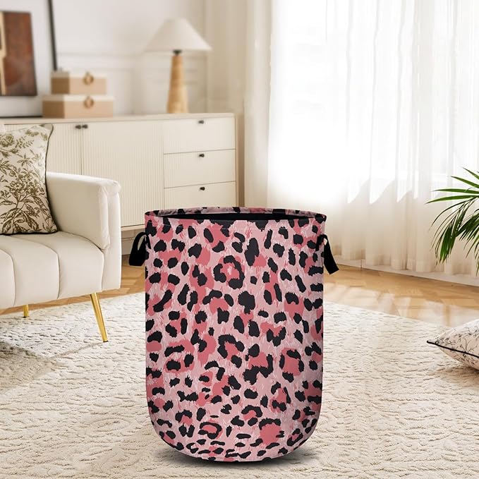 Pink Leopard Laundry Basket, Laundry Hamper Collapsible Oxford Cloth with Handle Clothes Storage Bin for Bathroom Laundry Room Bedroom 15.7 X 20 Inch